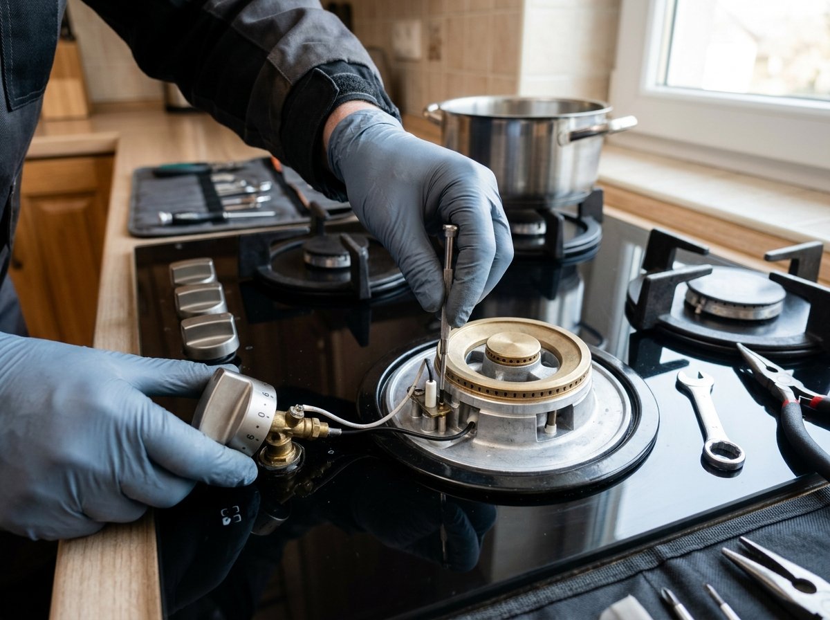 Technician repairing gas cooktop knob and ignition system