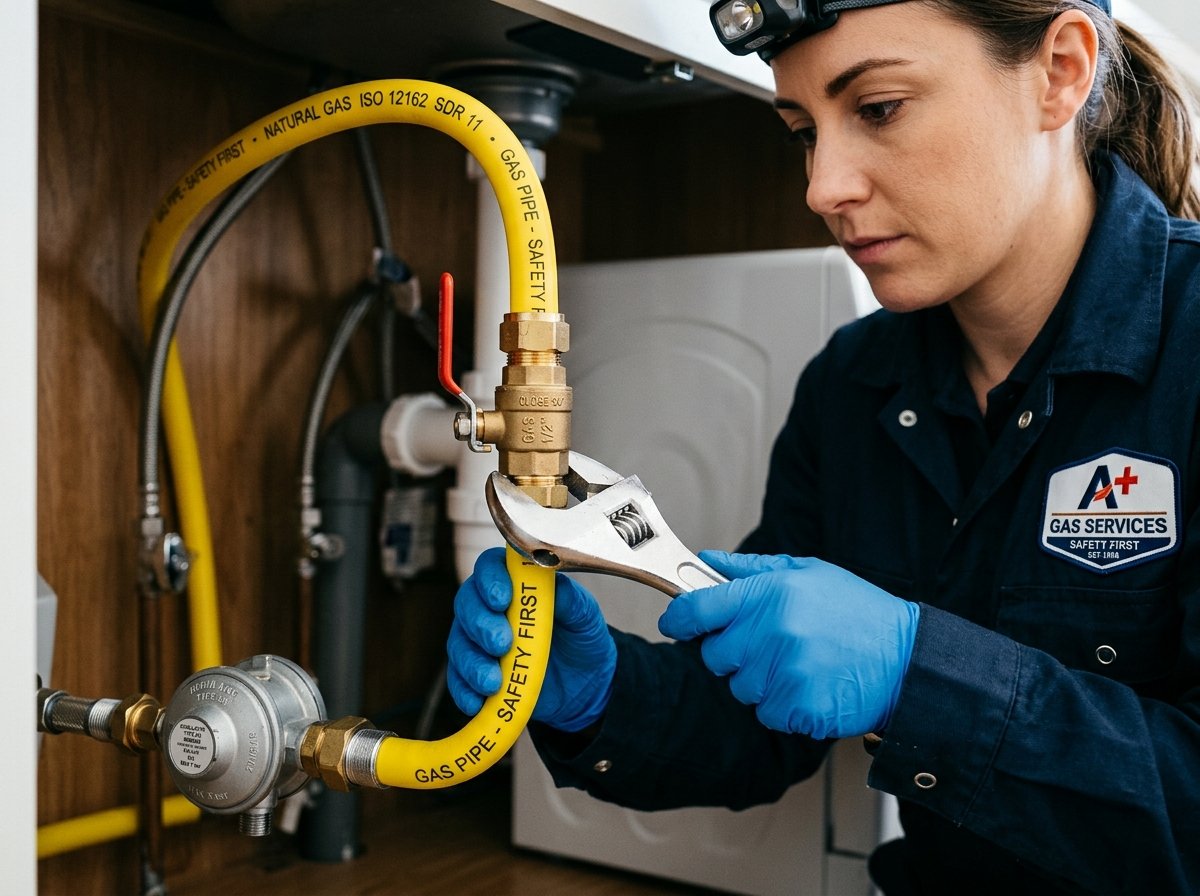 Technician inspecting gas pipeline connection, valve, and regulator