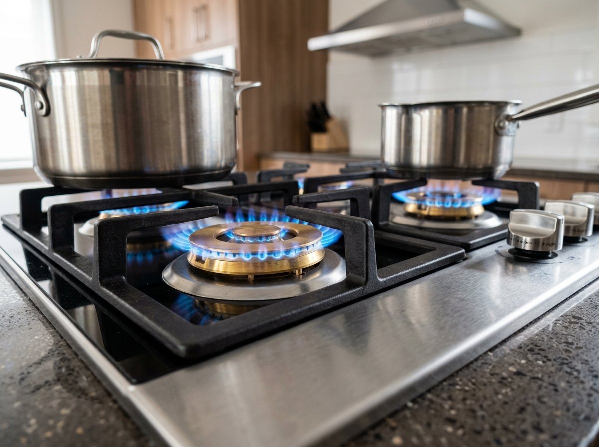 Stainless steel gas stove with clean brass burners and steady blue flames