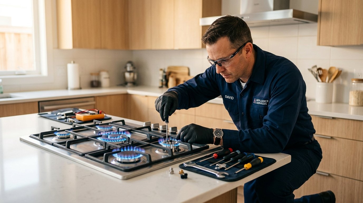 Experienced technician repairing a gas stove burner with blue flames in Hyderabad kitchen
